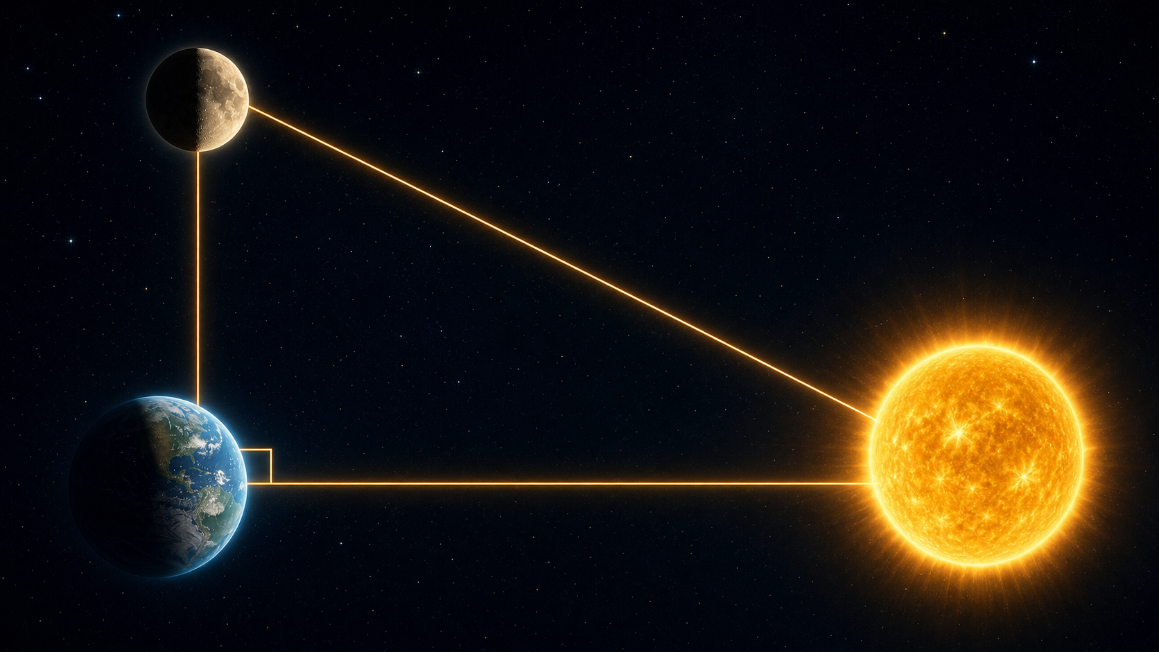 The Sun, Earth, and Moon forming a measuring triangle.