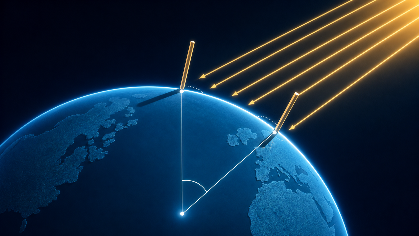 Earth with two shadow measurements connected by an arc.