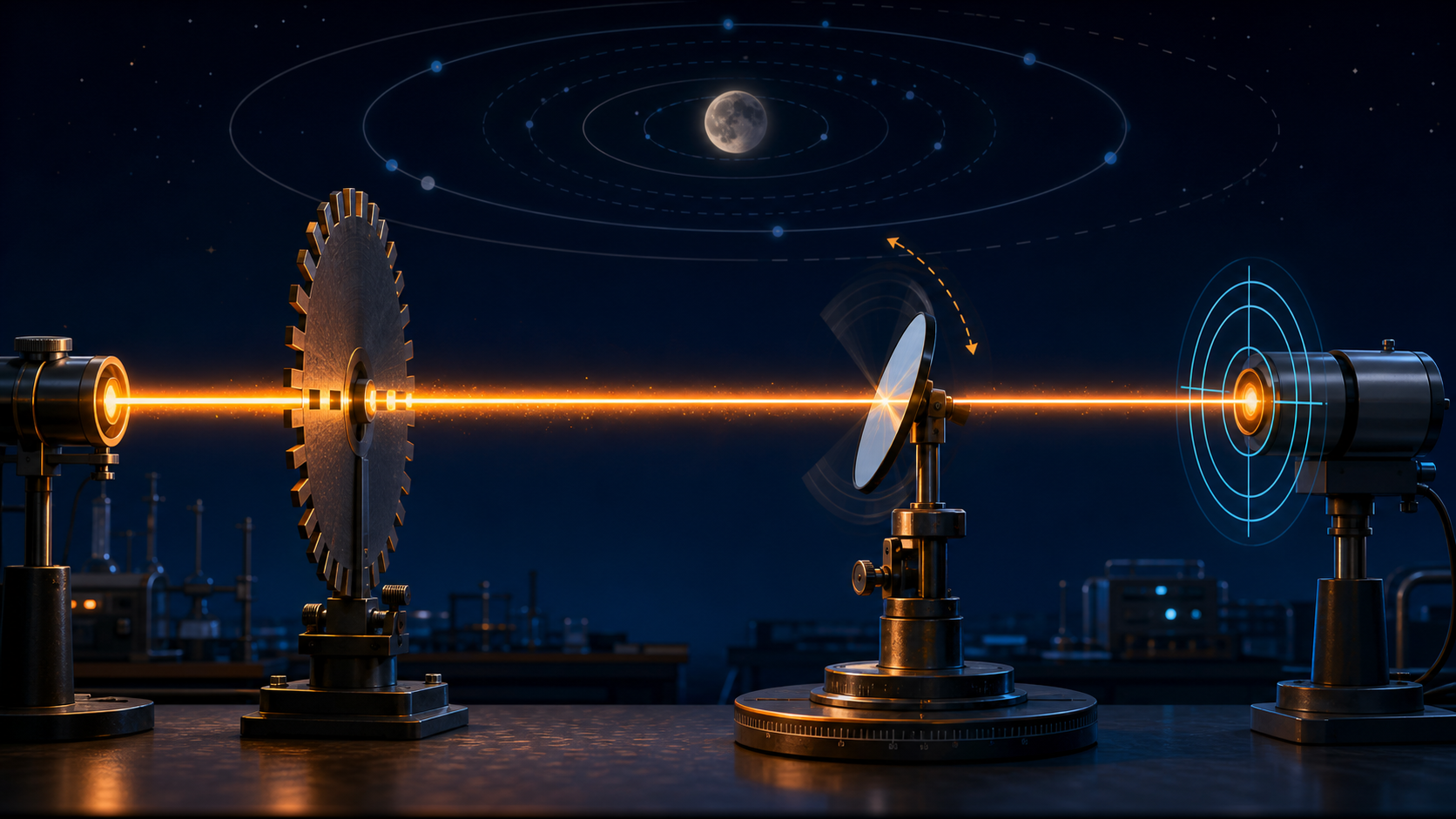 A beam of light crossing clocks and historic measuring apparatus.
