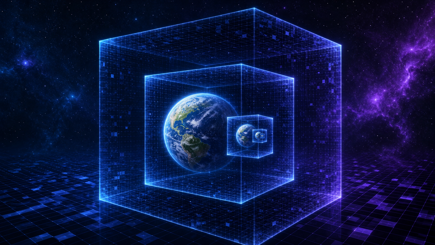 Nested physical and simulated worlds inside a digital frame.